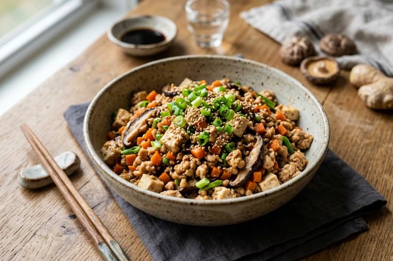 Tofu com Frango Moído e Legumes