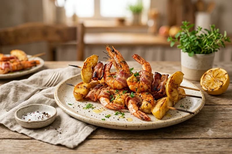 Espetadas de Gambas com Bacon e Maçã
