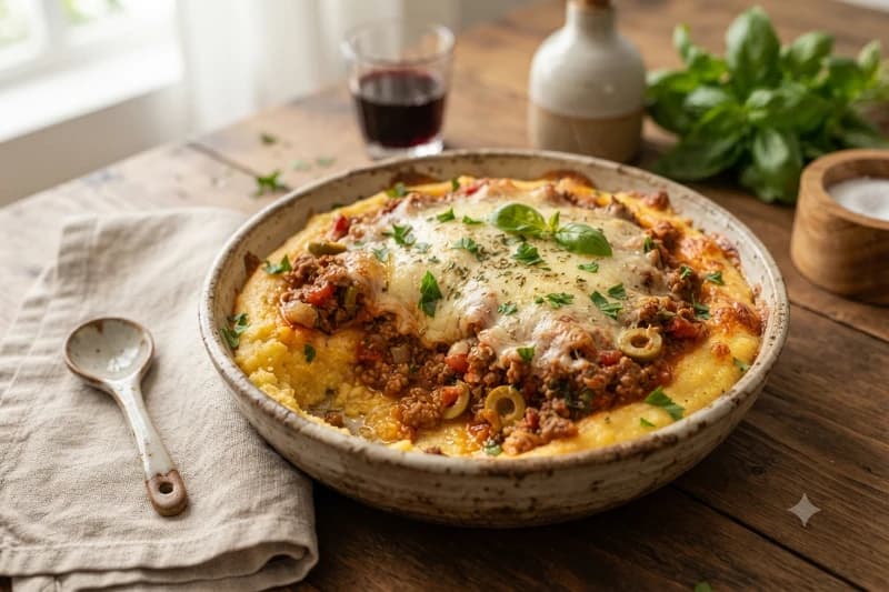 Polenta Recheada com Carne Moída e Queijo