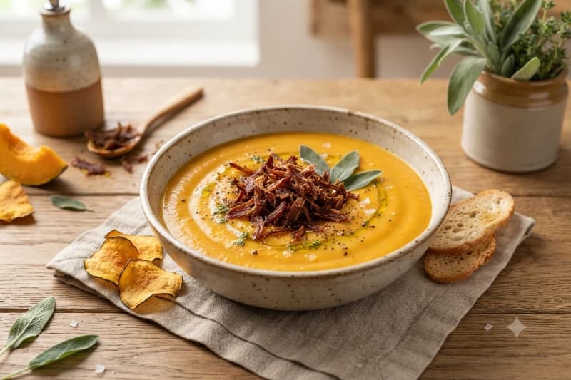 Sopa Fria de Abóbora com Carne Seca Crocante