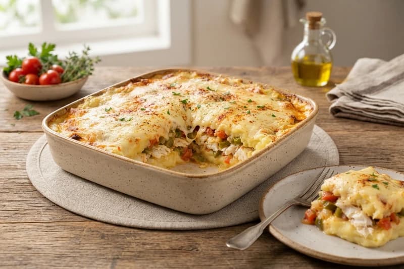 Torta Cremosa de Peixe com Purê de Batata