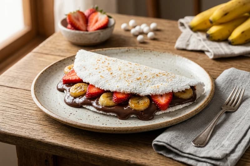 Foto da receita Tapioca Diferente com Creme de Chocolate Diet, Banana e Morango