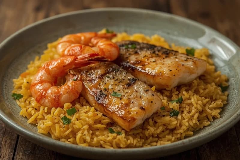 Arroz de Açafrão com Caldo de Peixe, Camarão e Farofa de Pinhão
