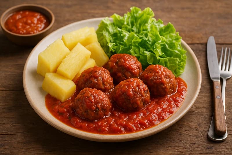 Almôndegas Caseiras com Mandioca e Molho de Tomate