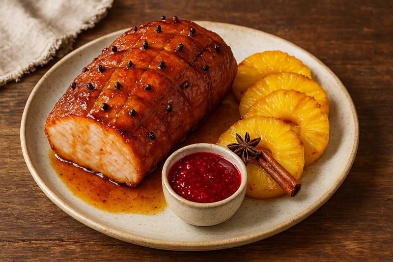 Tender Glaceado com Abacaxi Caramelizado e Geleia de Framboesa