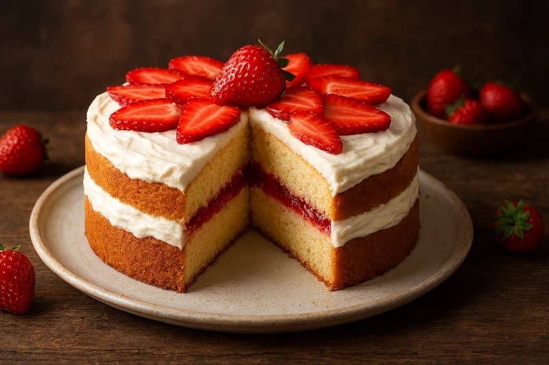 Bolo de Festa com Morangos e Creme Amanteigado