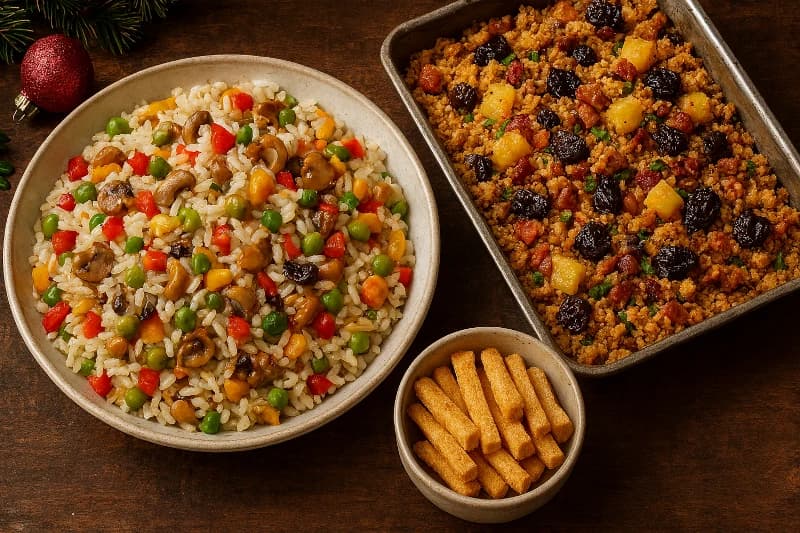 Arroz Festivo de Natal com Farofa Assada e Palitinhos Crocantes