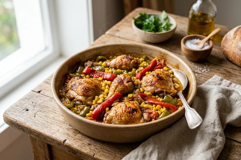 Frango Suculento com Milho Verde e Pimentões ao Forno
