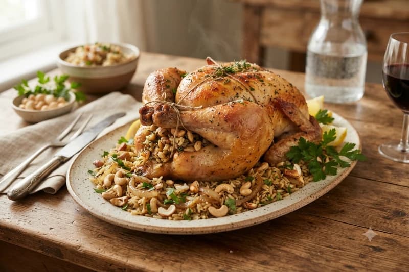 Frango Recheado com Arroz e Castanhas