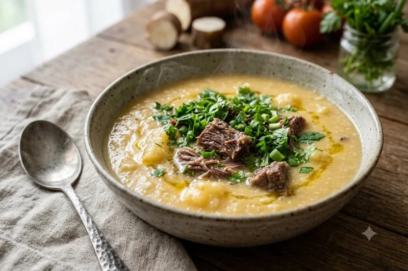 Sopa Cremosa de Mandioca com Músculo