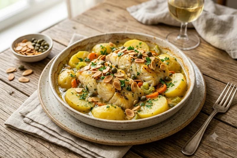 Bacalhau com Alcaparras e Amêndoas ao Vinho Branco