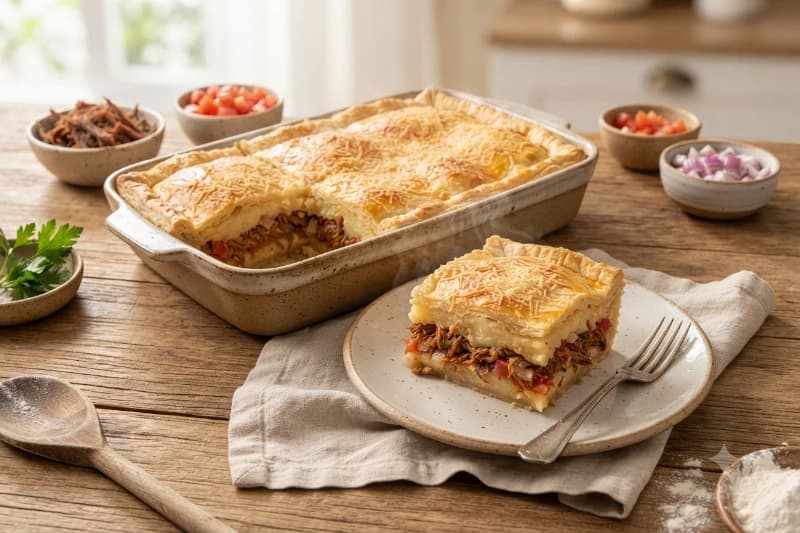 Torta de Mandioca com Carne Seca e Massa de Pastel