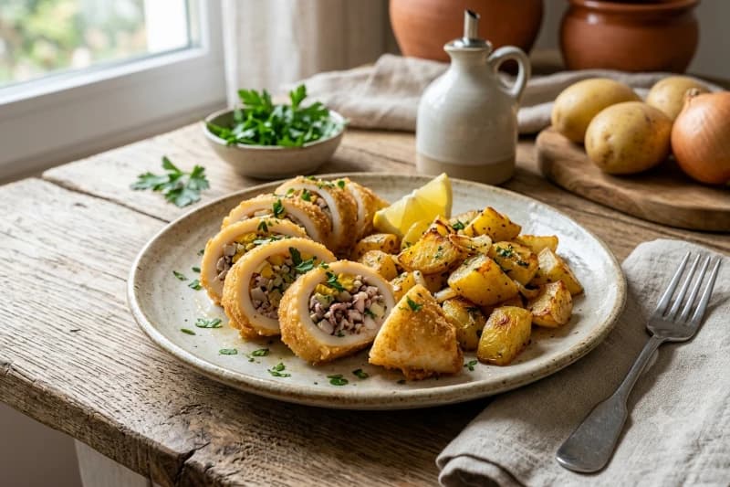 Lulas Recheadas com Batatas Salteadas