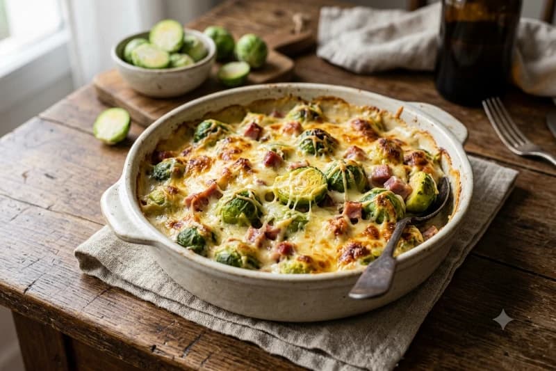 Couve de Bruxelas Gratinada com Presunto e Queijo Gouda