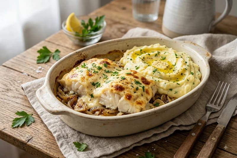 Filetes de Pescada ao Molho Béchamel com Puré de Batata