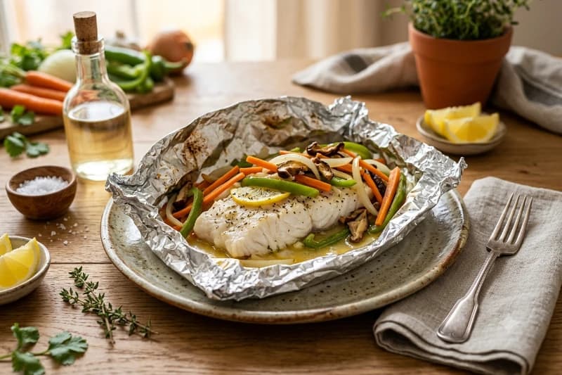 Peixe assado em papel alumínio com legumes
