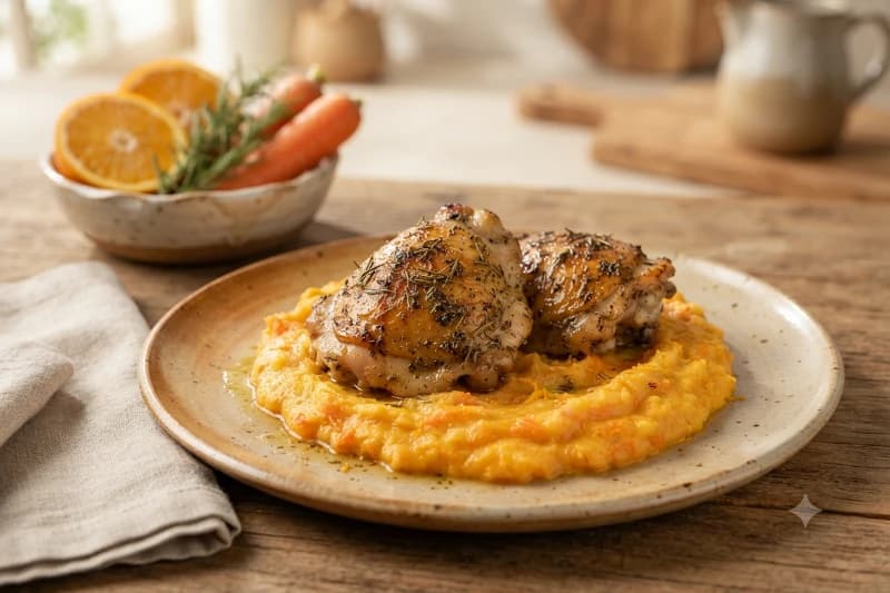 Foto da receita Sobrecoxas de Frango com Purê de Cenoura e Laranja