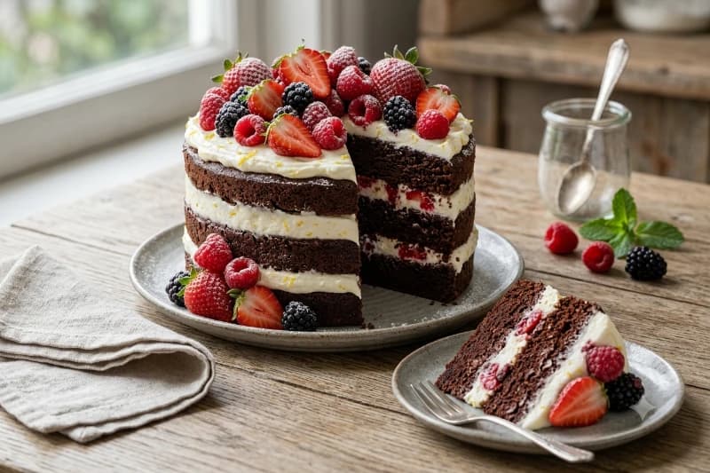 Bolo de Chocolate com Recheio de Cream Cheese e Frutas Vermelhas