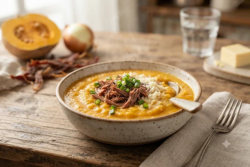 Caldo de Abóbora com Carne Seca e Queijo Minas