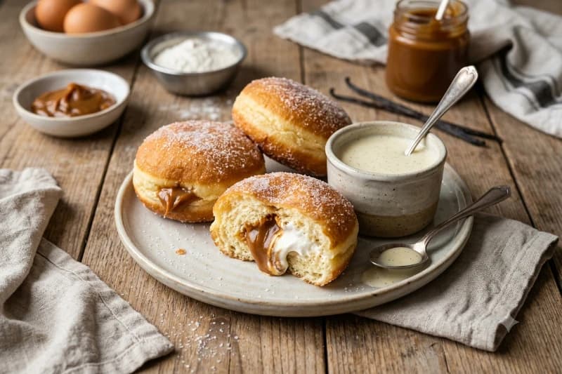 Bomboloni com Doce de Leite e Creme Anglaise
