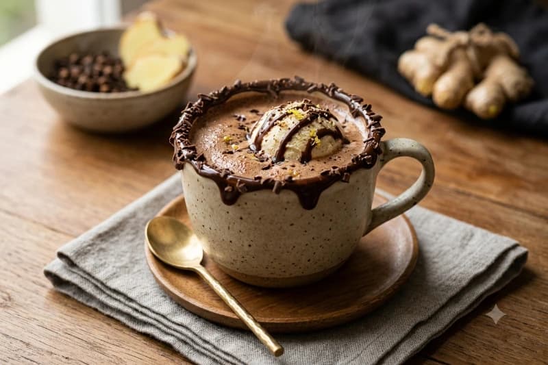 Chocolate Quente Cremoso com Gengibre e Sorvete