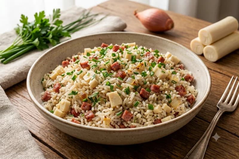 Arroz com Palmito e Calabresa Fácil e Saboroso