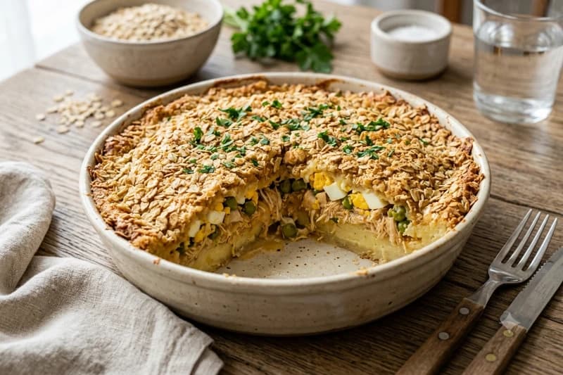 Torta de Frango com Purê de Batatas e Cobertura Crocante de Aveia
