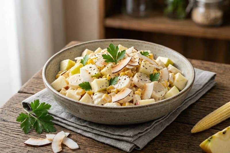 Salada cremosa de maçã com coco e palmito