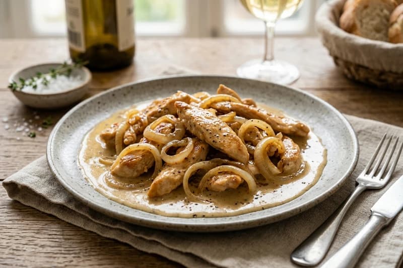Iscas de Frango Aceboladas ao Molho de Vinho