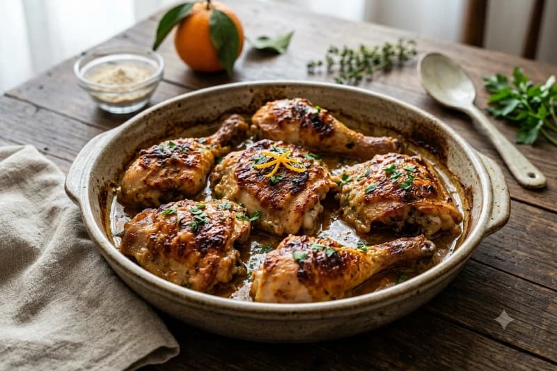 Frango Assado Crocante no Creme de Cebola com Laranja