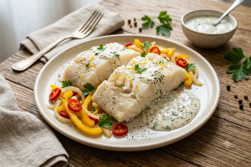Bacalhau Fresco no Vapor com Legumes e Molho de Iogurte