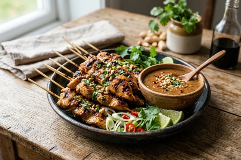 Tiras de Frango Indonésias com Molho de Amendoim