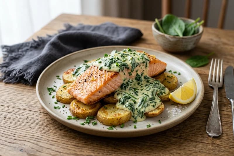 Salmão ao Molho Cremoso de Espinafre com Cama de Batatas