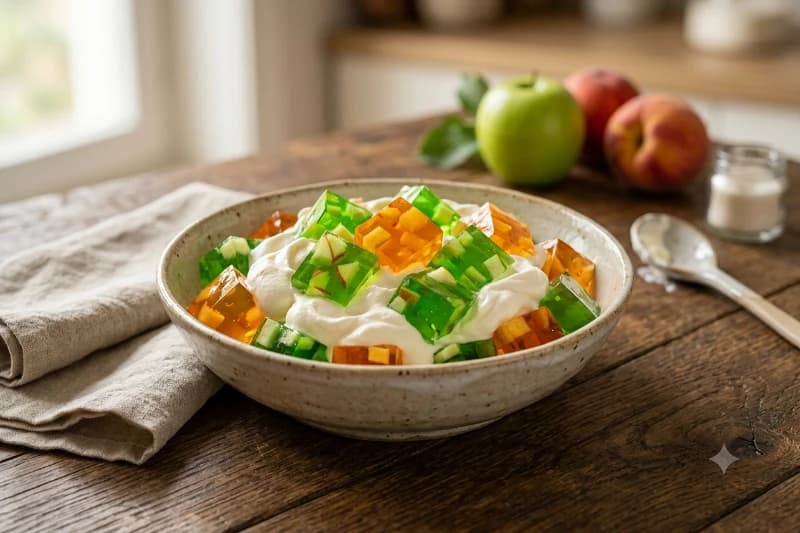 Sobremesa Leve de Gelatina com Frutas Frescas e Natas
