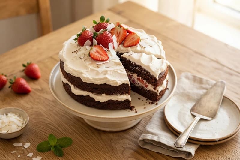 Bolo de Aniversário de Chocolate com Morango e Coco