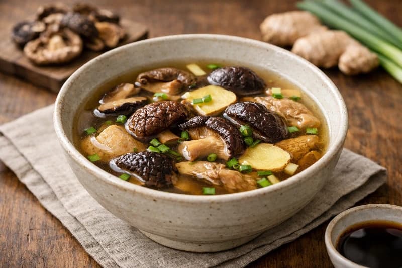 Sopa de Cogumelos Secos com Caldo de Galinha Caseiro