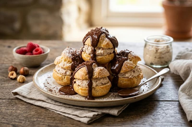 Profiteroles Clássicos com Recheio de Mascrepone e Calda de Chocolate