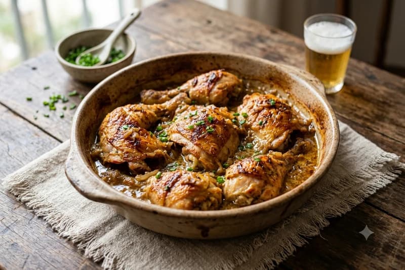 Frango Assado Suculento com Molho de Cerveja e Creme de Cebola