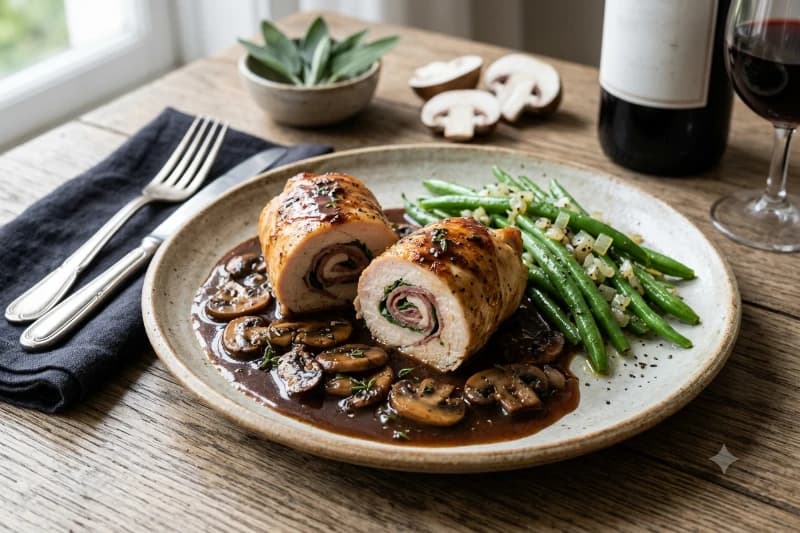 Involtini de Frango ao Molho Madeira com Cogumelos e Vagem