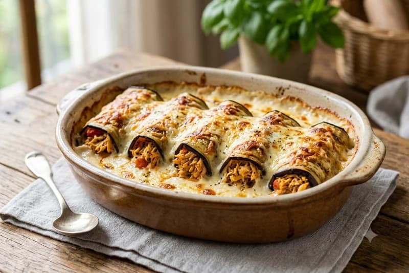 Canelone de Berinjela com Frango e Molho Cremoso