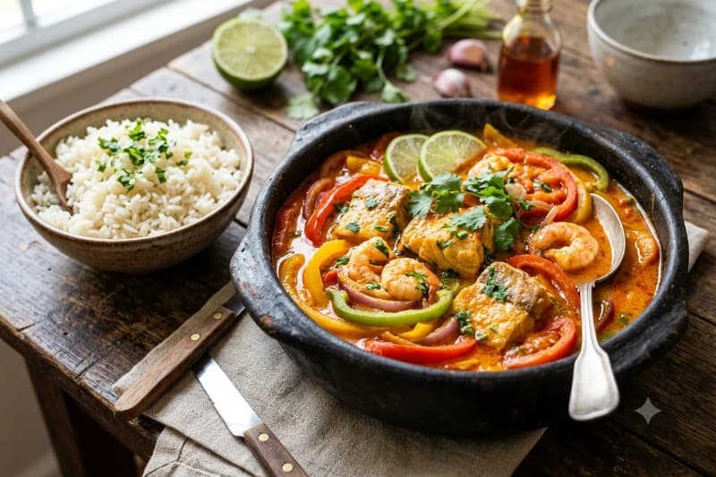 Moqueca de Cação com Camarão e Arroz Jasmim