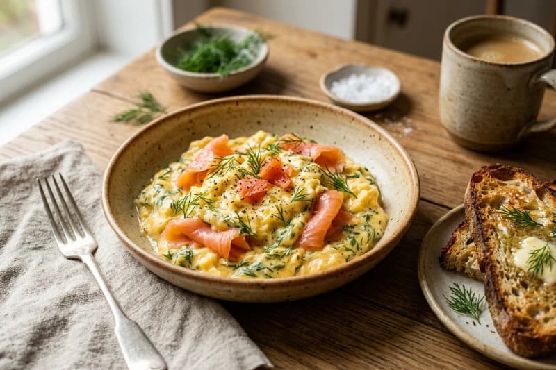 Ovos Mexidos Cremosos com Salmão Defumado e Dill