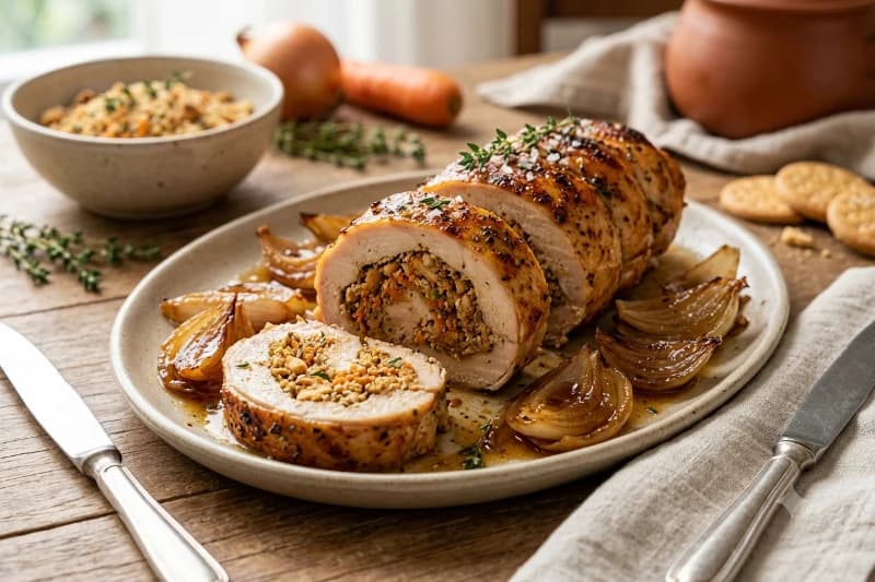 Rocambole de Frango Recheado com Farofa Crocante