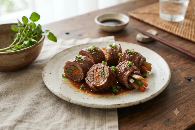 Enrolados de Carne com Legumes ao Molho Japonês