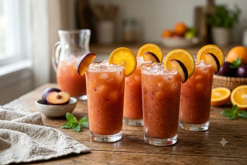 Suco Refrescante de Laranja, Ameixa e Água de Coco