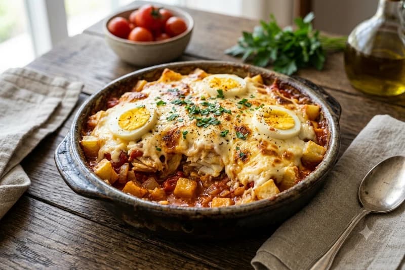 Bacalhau à Tomatada com Batatas Fritas e Bechamel
