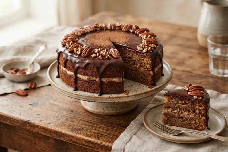 Bolo de Pecan com Recheio Cremoso e Cobertura de Chocolate