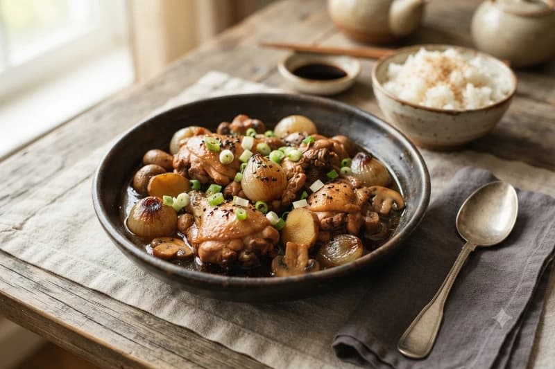 Frango Ensopado com Cebolas e Cogumelos