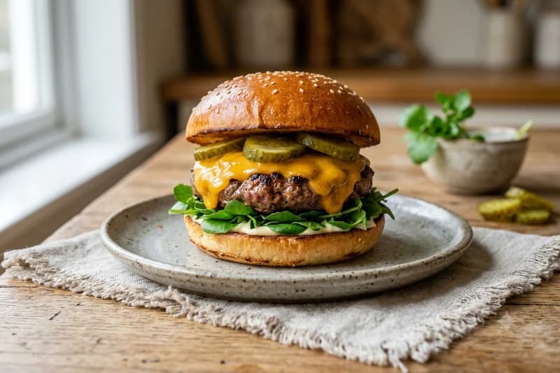 Cheddar Burger Clássico com Agrião e Pepino