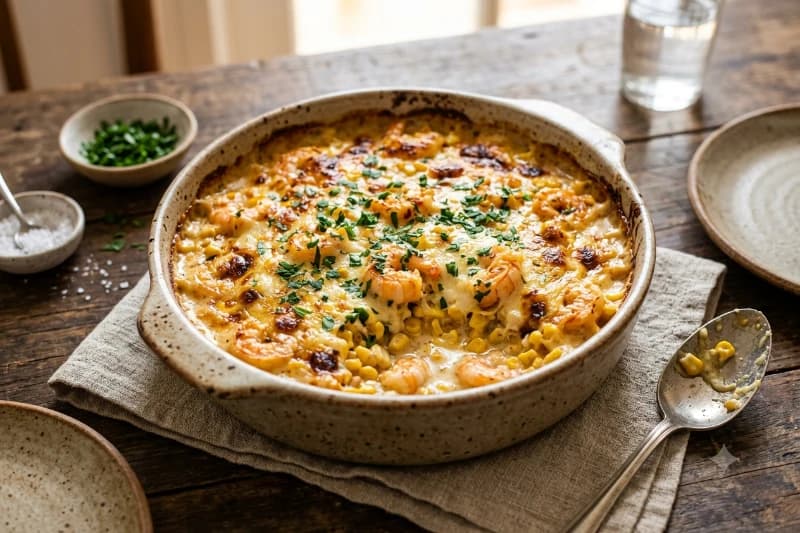 Camarões Cremosos com Milho Verde Gratinados